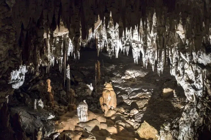 Framed Print : Assorted stalagmites and stalagtites and other speleothems (mineral deposits formed Framed Print : Assorted stalagmites and stalagtites and other speleothems (mineral deposits formed