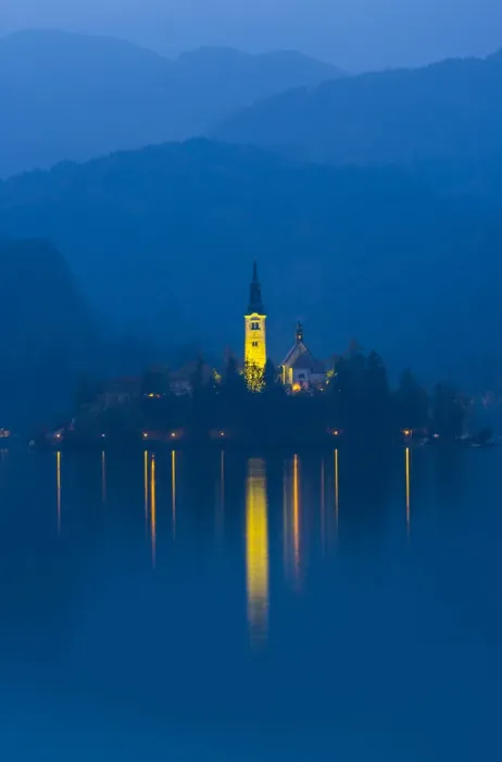 Framed Print : Assumption of Mary Pilgrimage Church, in twilight, reflected in Lake Bled, Bled, Slovenia Framed Print : Assumption of Mary Pilgrimage Church, in twilight, reflected in Lake Bled, Bled, Slovenia