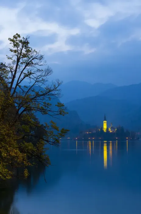 Framed Print : Assumption of Mary Pilgrimage Church, in twilight, reflected in Lake Bled, Bled, Slovenia Framed Print : Assumption of Mary Pilgrimage Church, in twilight, reflected in Lake Bled, Bled, Slovenia