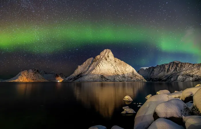 Framed Print : Aurora borealis in the night sky over Kjerkefjorden, Norway. Viewed from Reine village. February, 2024 Framed Print : Aurora borealis in the night sky over Kjerkefjorden, Norway. Viewed from Reine village. February, 2024