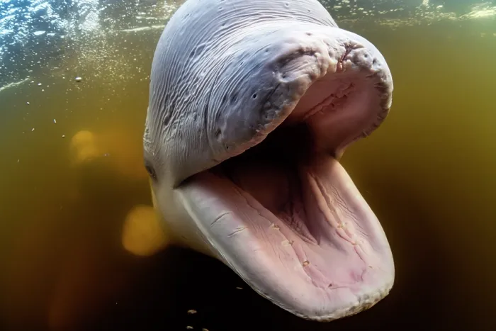 Framed Print : Beluga whale (Delphinapterus leucas) with mouth open, head portrait, Churchill River, Manitoba, Canada. July Framed Print : Beluga whale (Delphinapterus leucas) with mouth open, head portrait, Churchill River, Manitoba, Canada. July