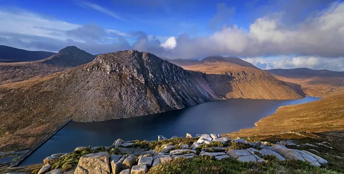 Framed Print : Ben Crom dam on the Ben Crom reservoir with the summits of Ben Crom and Slieve Bernagh, Mourne Mountains, County Down, Northern Ireland, UK. January, 2023 Framed Print : Ben Crom dam on the Ben Crom reservoir with the summits of Ben Crom and Slieve Bernagh, Mourne Mountains, County Down, Northern Ireland, UK. January, 2023