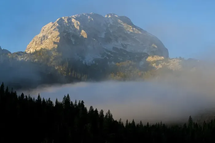 Framed Print : Big Bear peak with morning mist over forest, Durmitor NP, Montenegro, October 2008 Framed Print : Big Bear peak with morning mist over forest, Durmitor NP, Montenegro, October 2008