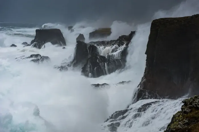 Framed Print : Big storm hitting cliffs, with waves breaking over the top, Shetland, Scotland, UK, July Framed Print : Big storm hitting cliffs, with waves breaking over the top, Shetland, Scotland, UK, July