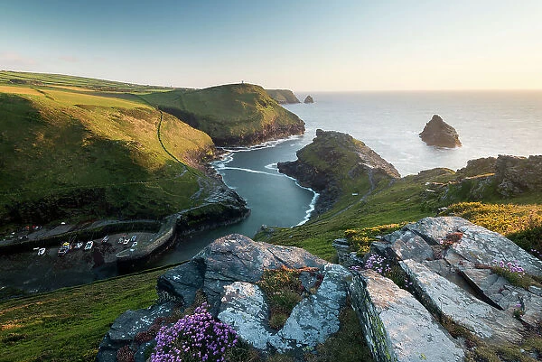 Boscastle harbour and coastline, evening light, Cornwall, UK, May 2013