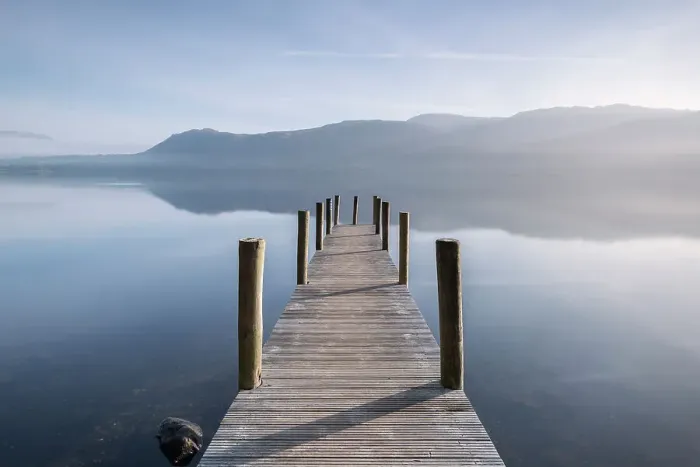 Framed Print : Brandlehow Jetty, misty morning, Derwentwater, Keswick, The Lake District, Cumbria, UK. November 2016