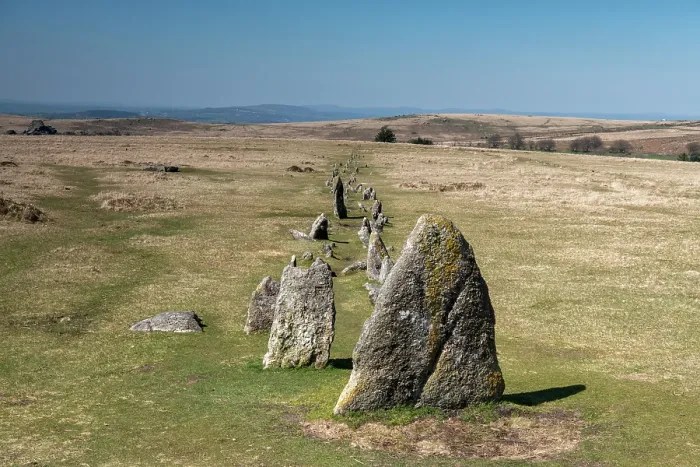 Framed Print : Bronze Age Merrivale Stone Rows, a complex of ritual sites, including three stone rows, on the moors above Princetown, Dartmoor, Devon, England, UK. April, 2023 Framed Print : Bronze Age Merrivale Stone Rows, a complex of ritual sites, including three stone rows, on the moors above Princetown, Dartmoor, Devon, England, UK. April, 2023