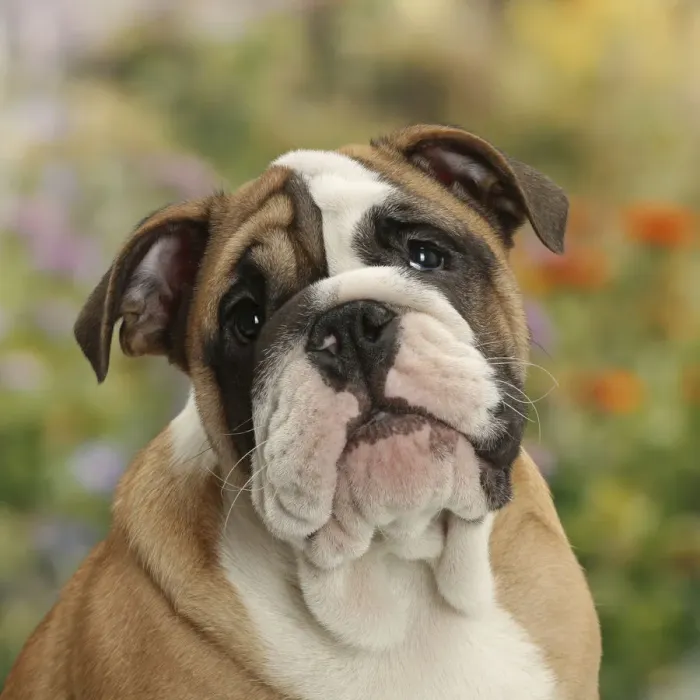 Framed Print : Bulldog puppy, 12 weeks, with background of flowers Framed Print : Bulldog puppy, 12 weeks, with background of flowers