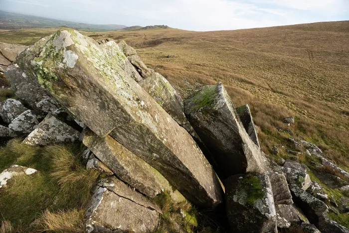 Framed Print : Carn Goedog, an outcrop of Dolerite rock in the Preseli Hills, Pembrokeshire Coast National Park, Wales, UK. It is the area where the Bluestones for Stonehenge originated