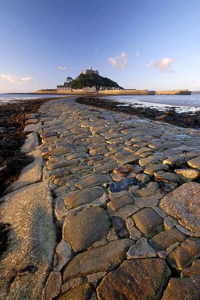 Causeway out to St Michaels Mount exposed at low tide, Cornwall, UK