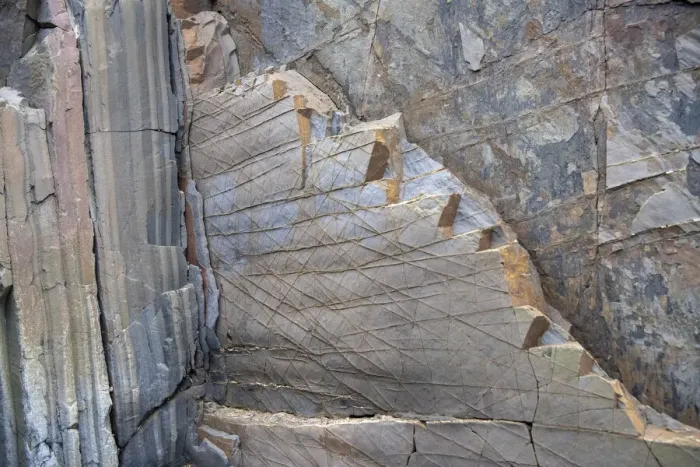 Framed Print : Cemented joints in a vertical bed of Carboniferous, Culm Measures, sandstone, Bude, Cornwall, UK. January, 2022 Framed Print : Cemented joints in a vertical bed of Carboniferous, Culm Measures, sandstone, Bude, Cornwall, UK. January, 2022