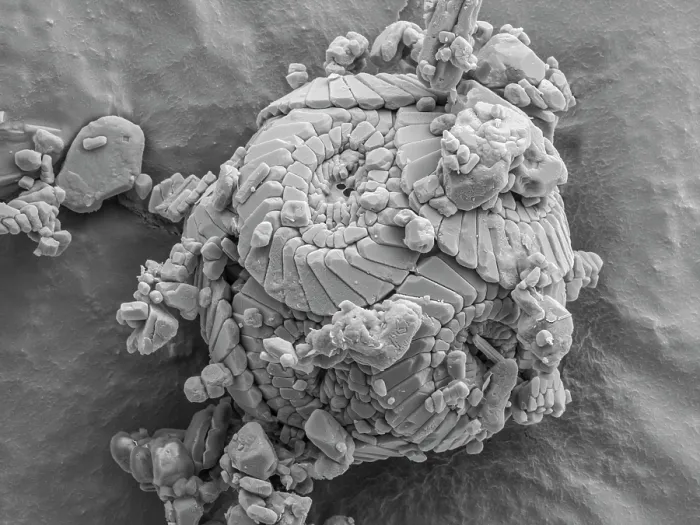 Framed Print : A chalk coccosphere micro-fossil (12μm diameter), made up from individual coccoliths plates of calcite crystals Framed Print : A chalk coccosphere micro-fossil (12μm diameter), made up from individual coccoliths plates of calcite crystals