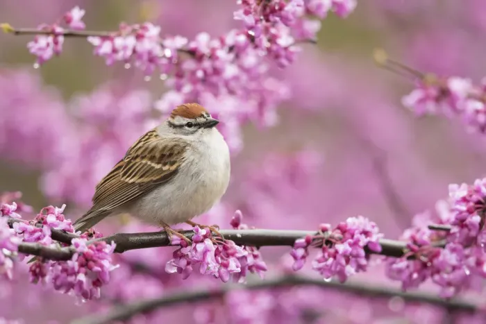Framed Print : Chipping sparrow (Spizella passerina), adult perched in flowering eastern redbud in Framed Print : Chipping sparrow (Spizella passerina), adult perched in flowering eastern redbud in