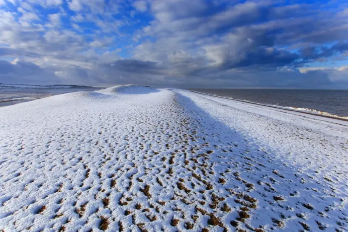 Framed Print : Cley Beach covered in snow, Norfolk. England, UK, January Framed Print : Cley Beach covered in snow, Norfolk. England, UK, January
