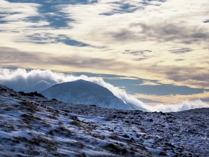 Framed Print : Cloud spilling over Great Gable mountain and Sca Fell in winter, viewed from Hindscarth, Lake District, Cumbria, UK. January, 2023 Framed Print : Cloud spilling over Great Gable mountain and Sca Fell in winter, viewed from Hindscarth, Lake District, Cumbria, UK. January, 2023