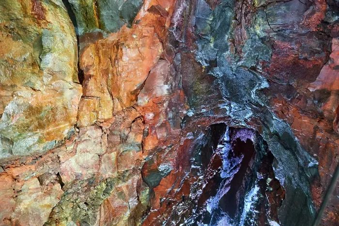 Framed Print : Coloured rocks inside the magma chamber of the dormant Thrihnukagigur volcano. Yellow is sulfur oxide, grey and black is basalt rock and green is copper Framed Print : Coloured rocks inside the magma chamber of the dormant Thrihnukagigur volcano. Yellow is sulfur oxide, grey and black is basalt rock and green is copper