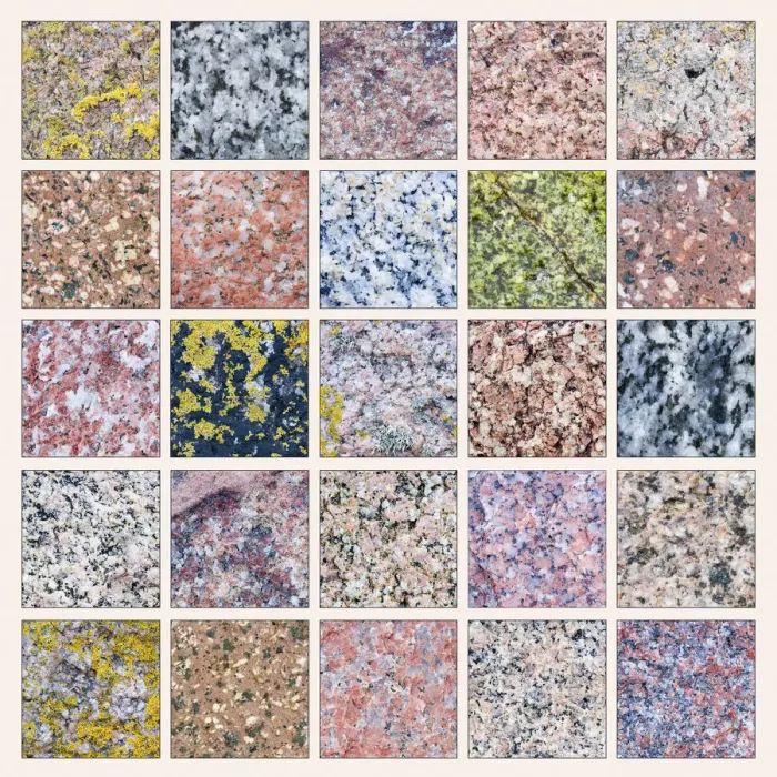 Framed Print : Composite photograph showing diversity of colour and pattern in samples of granite Framed Print : Composite photograph showing diversity of colour and pattern in samples of granite