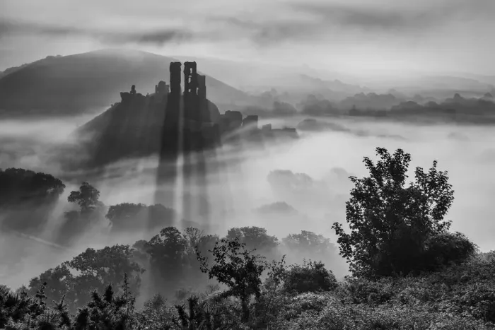 Framed Print : Corfe Castle in morning mist, Corfe, Isle of Purbeck, Dorset, England, UK. September 2013 Framed Print : Corfe Castle in morning mist, Corfe, Isle of Purbeck, Dorset, England, UK. September 2013
