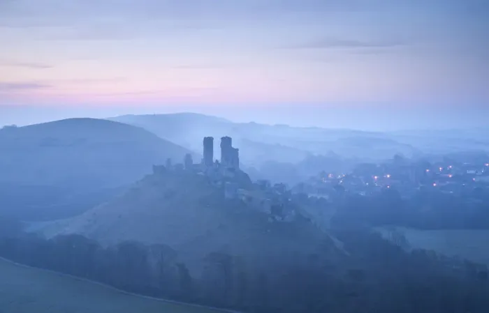 Framed Print : Corfe Castle, sunrise and early morning mist, view from West Hill, Corfe, Dorset, England, UK Framed Print : Corfe Castle, sunrise and early morning mist, view from West Hill, Corfe, Dorset, England, UK