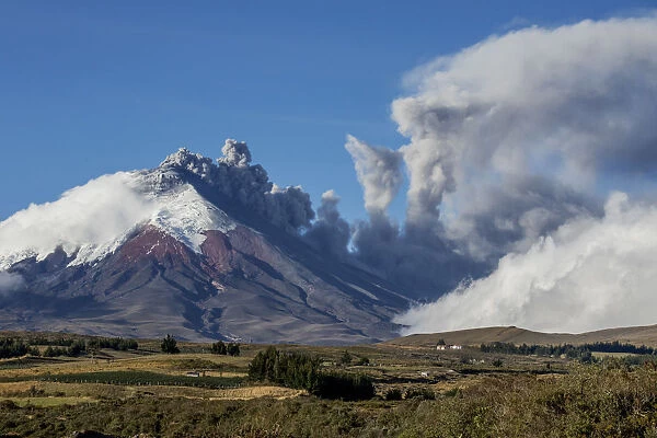 Cotopaxi Volcano with plume of ash from eruption, Cotopaxi National Park, Cotopaxi