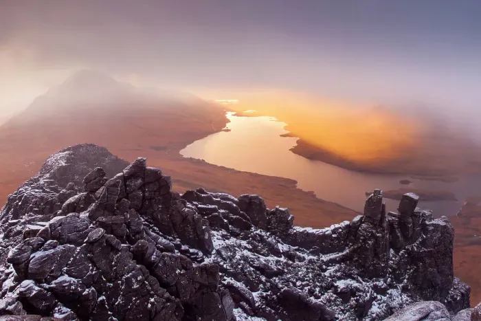 Framed Print : Cul Beag and Loch Lurgainn at sunrise from the summit of Stac Pollaidh, Coigach, Highlands, Scotland, UK, November 2013 Framed Print : Cul Beag and Loch Lurgainn at sunrise from the summit of Stac Pollaidh, Coigach, Highlands, Scotland, UK, November 2013