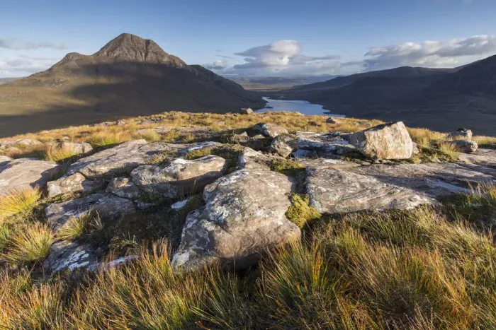 Framed Print : Cul Beag mountain and loch in evening light from Stac Pollaidh, Coigach, Scotland, UK. September, 2017 Framed Print : Cul Beag mountain and loch in evening light from Stac Pollaidh, Coigach, Scotland, UK. September, 2017