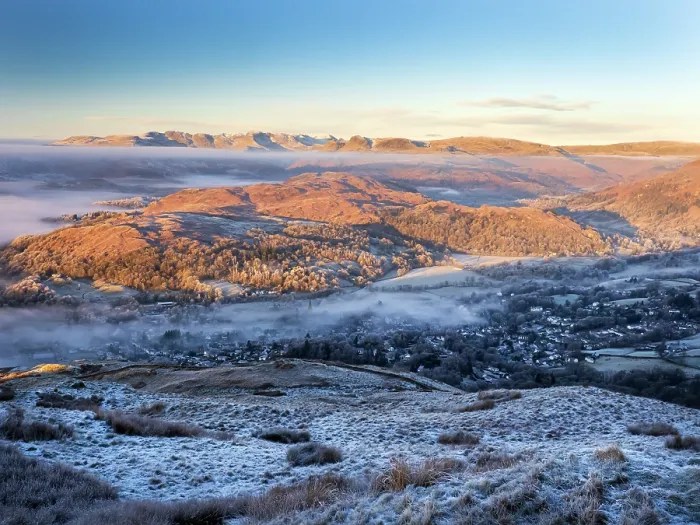 Framed Print : Dawn mist over valley looking towards the Langdale Pikes from Wansfell, Lake District, Cumbria, UK. December, 2022 Framed Print : Dawn mist over valley looking towards the Langdale Pikes from Wansfell, Lake District, Cumbria, UK. December, 2022
