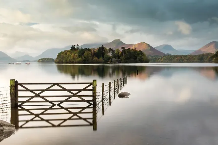Framed Print : Derwent Water, fence, gate and flooding, looking to Catbells mountain, near Keswick, The Lake District, Cumbria, UK. October 2012 Framed Print : Derwent Water, fence, gate and flooding, looking to Catbells mountain, near Keswick, The Lake District, Cumbria, UK. October 2012