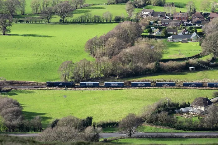 Framed Print : Direct Rail Services Tesco train 'removing 77 lorries from our roads' Stretton Gap, All Stretton, Shropshire, England, UK. February, 2024 Framed Print : Direct Rail Services Tesco train 'removing 77 lorries from our roads' Stretton Gap, All Stretton, Shropshire, England, UK. February, 2024