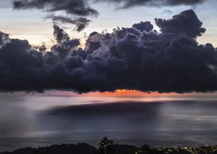 Framed Print : Dramatic sunset with storm clouds over Roseau, Caribbean sea view in Dominica, Lesser Antiles. September 2019 Framed Print : Dramatic sunset with storm clouds over Roseau, Caribbean sea view in Dominica, Lesser Antiles. September 2019