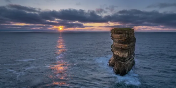 Framed Print : Dun Briste sea stack at sunset, Downpatrick Head, County Mayo, Republic of Ireland. May, 2023