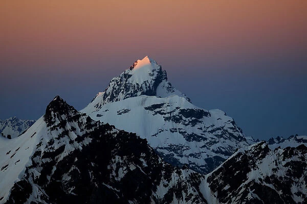 Early morning light on sharp peaks, seen from Elbrus, Caucasus, Russia, June 2008