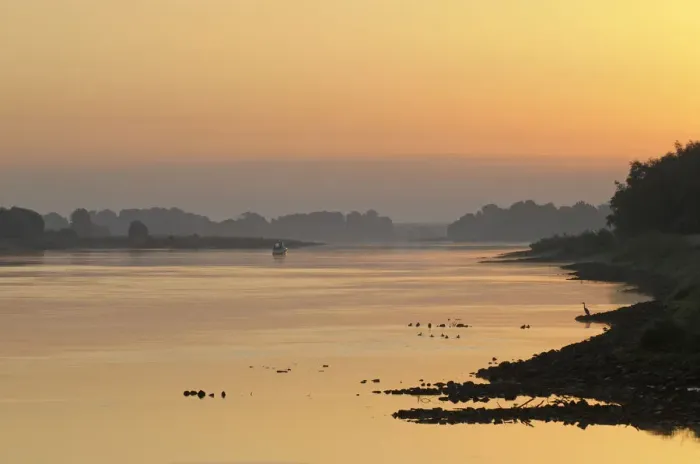 Framed Print : Elbe River at sunrise, Elbe Biosphere Reserve, Lower Saxony, Germany, August 2008