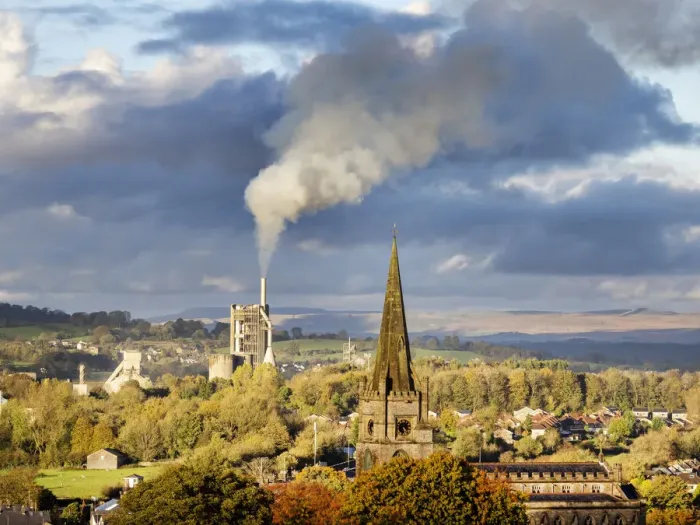 Framed Print : Emissions from cement works billowing out over village, Clitheroe, Lancashire, UK. November, 2021 Framed Print : Emissions from cement works billowing out over village, Clitheroe, Lancashire, UK. November, 2021