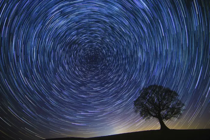 Framed Print : English oak tree (Quercus robur) at night with circle of star trails, Brecon Beacons Wales, UK
