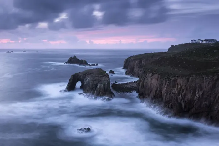 Framed Print : Enys Dodnan Arch, the Armed Knight rock and Longships lighthouse, Lands End, Cornwall, UK Framed Print : Enys Dodnan Arch, the Armed Knight rock and Longships lighthouse, Lands End, Cornwall, UK