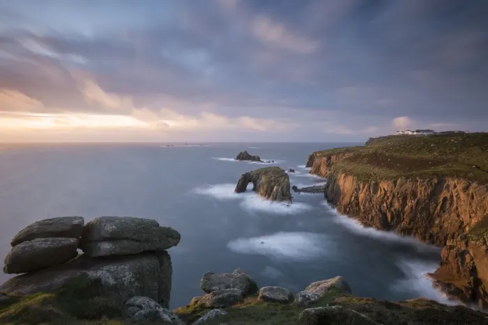 Framed Print : Enys Dodnan Arch, the Armed Knight rock and Longships lighthouse, Lands End, Cornwall, UK Framed Print : Enys Dodnan Arch, the Armed Knight rock and Longships lighthouse, Lands End, Cornwall, UK