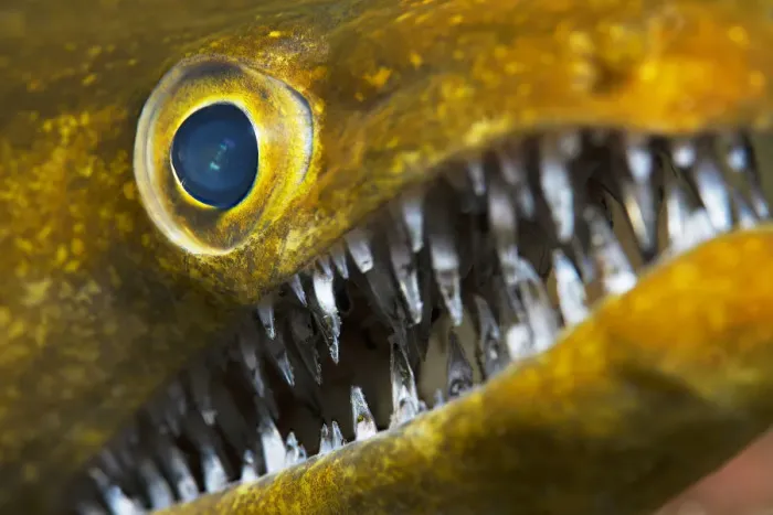 Framed Print : Fangtooth moray (Enchelycore anatina), close up of eye and open mouth with teeth. Tenerife Framed Print : Fangtooth moray (Enchelycore anatina), close up of eye and open mouth with teeth. Tenerife