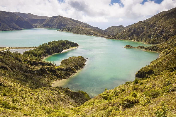 Fogo Lake and hills of surrounding crater. Sao Miguel Island, Azores, Portugal. 2019