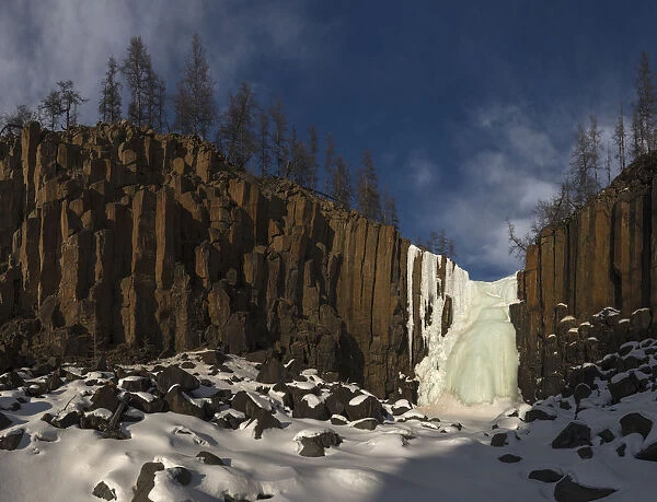 Frozen waterfall and basalt cliffs, Putoransky State Nature Reserve, Putorana Plateau