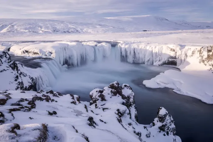 Framed Print : Godafoss waterfall frozen during winter, Bardardalur District, North-Central Iceland Framed Print : Godafoss waterfall frozen during winter, Bardardalur District, North-Central Iceland