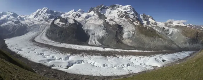 Framed Print : Gorner Glacier with meltwater channels, and Breithorn, Valais Alps, Canton Valais  /  Wallis
