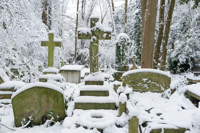 Framed Print : Gravestones covered in snow, Highgate cemetery, London, England, UK. February, 2021 Framed Print : Gravestones covered in snow, Highgate cemetery, London, England, UK. February, 2021