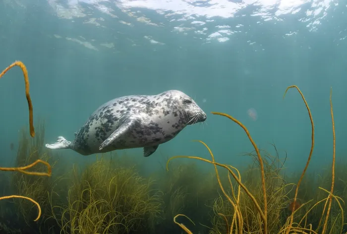 Framed Print : Grey seal (Halichoerus grypus) swimming over Thongweed (Himanthalia elongata) with Moon jellyfish (Aurelia aurita) in background, Lundy Island, Bristol Channel, Devon, UK Framed Print : Grey seal (Halichoerus grypus) swimming over Thongweed (Himanthalia elongata) with Moon jellyfish (Aurelia aurita) in background, Lundy Island, Bristol Channel, Devon, UK