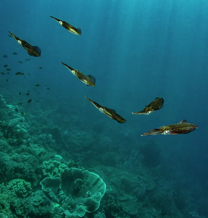 Framed Print : Group of Bigfin reef squid (Sepioteuthis lessoniana) swimming over a coral reef, Raja Ampat, Indonesia, Pacific Ocean Framed Print : Group of Bigfin reef squid (Sepioteuthis lessoniana) swimming over a coral reef, Raja Ampat, Indonesia, Pacific Ocean