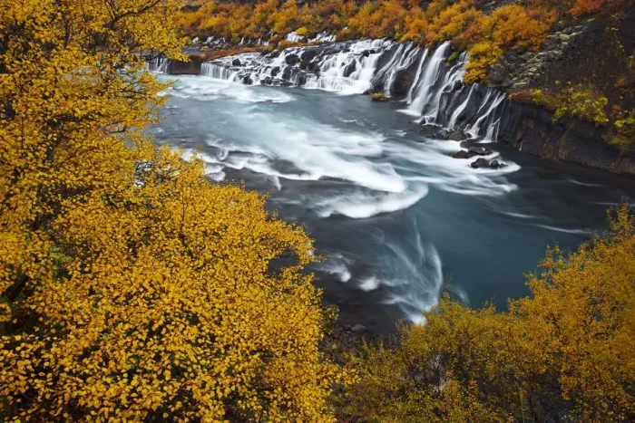 Framed Print : Hraunfossar waterfall in autumn, Iceland, September 2013 Framed Print : Hraunfossar waterfall in autumn, Iceland, September 2013