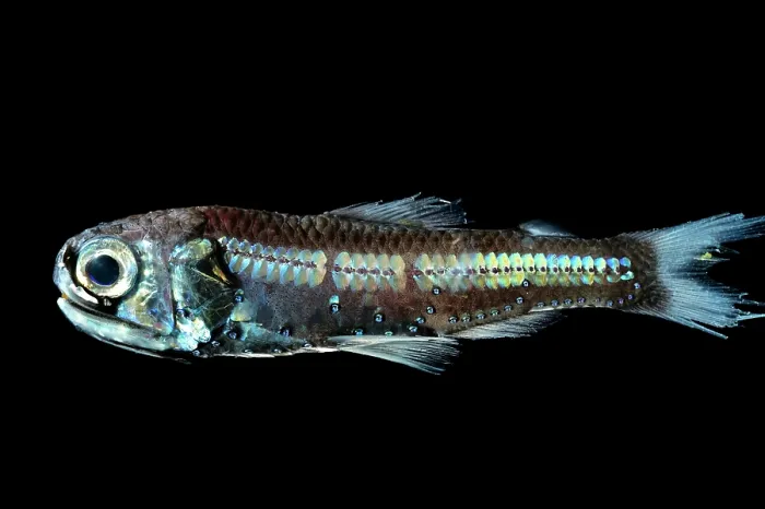 Framed Print : Hudson's lanternfish (Diaphus hudsoni) portrait, known for their bioluminescence, exhibiting a display of light through organs on their head, chest, and abdomen Framed Print : Hudson's lanternfish (Diaphus hudsoni) portrait, known for their bioluminescence, exhibiting a display of light through organs on their head, chest, and abdomen