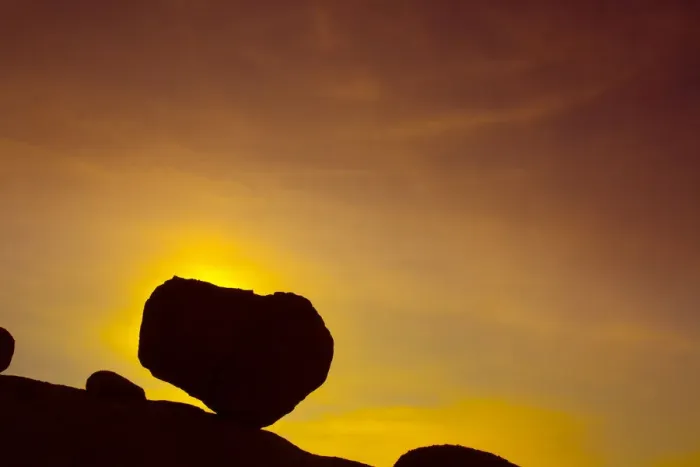 Framed Print : Huge boulder balanced on rocky outcrop at sunset, Namib desert Framed Print : Huge boulder balanced on rocky outcrop at sunset, Namib desert