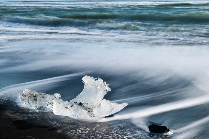 Framed Print : Ice on black, volcanic sand beach with waves on glacial lake, Diamond beach, Jokulsarlon, Vatnajokull National Park, Iceland. September, 2023 Framed Print : Ice on black, volcanic sand beach with waves on glacial lake, Diamond beach, Jokulsarlon, Vatnajokull National Park, Iceland. September, 2023