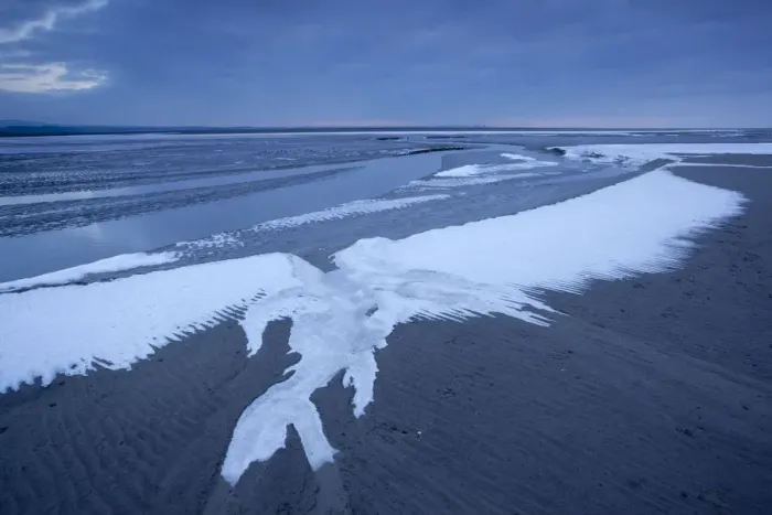 Framed Print : Ice on mudflats, Morecambe Bay, Silverdale, Cumbria, England, UK, February Framed Print : Ice on mudflats, Morecambe Bay, Silverdale, Cumbria, England, UK, February